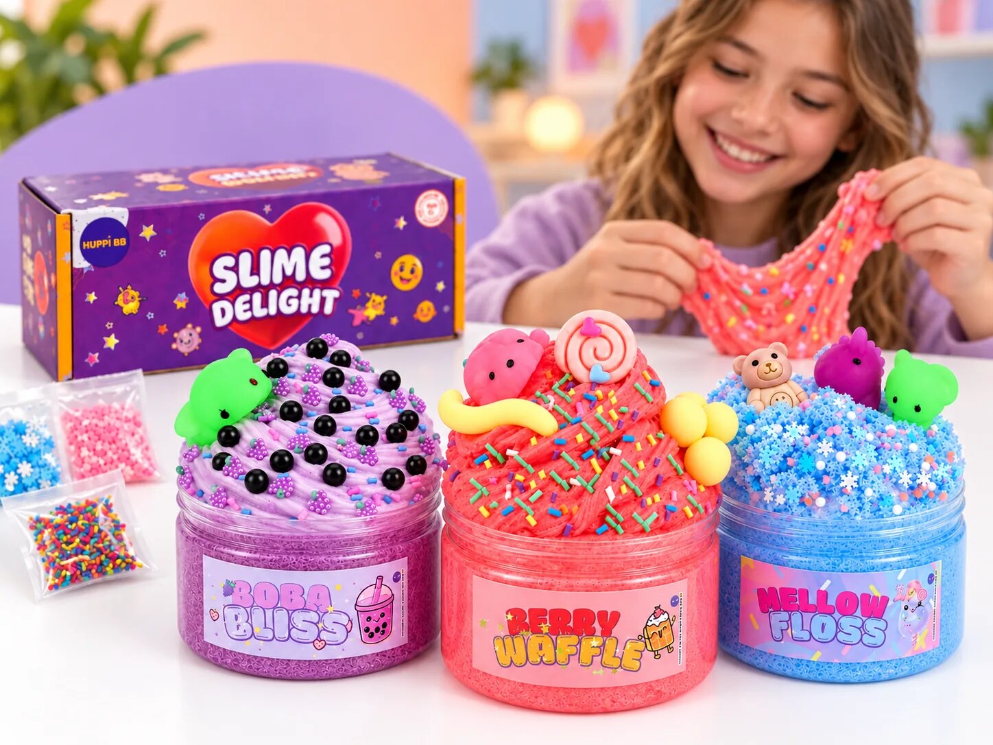 HUPPI BB Boba Bliss, Berry Waffle and Mellow Floss three-pack with a smiling child