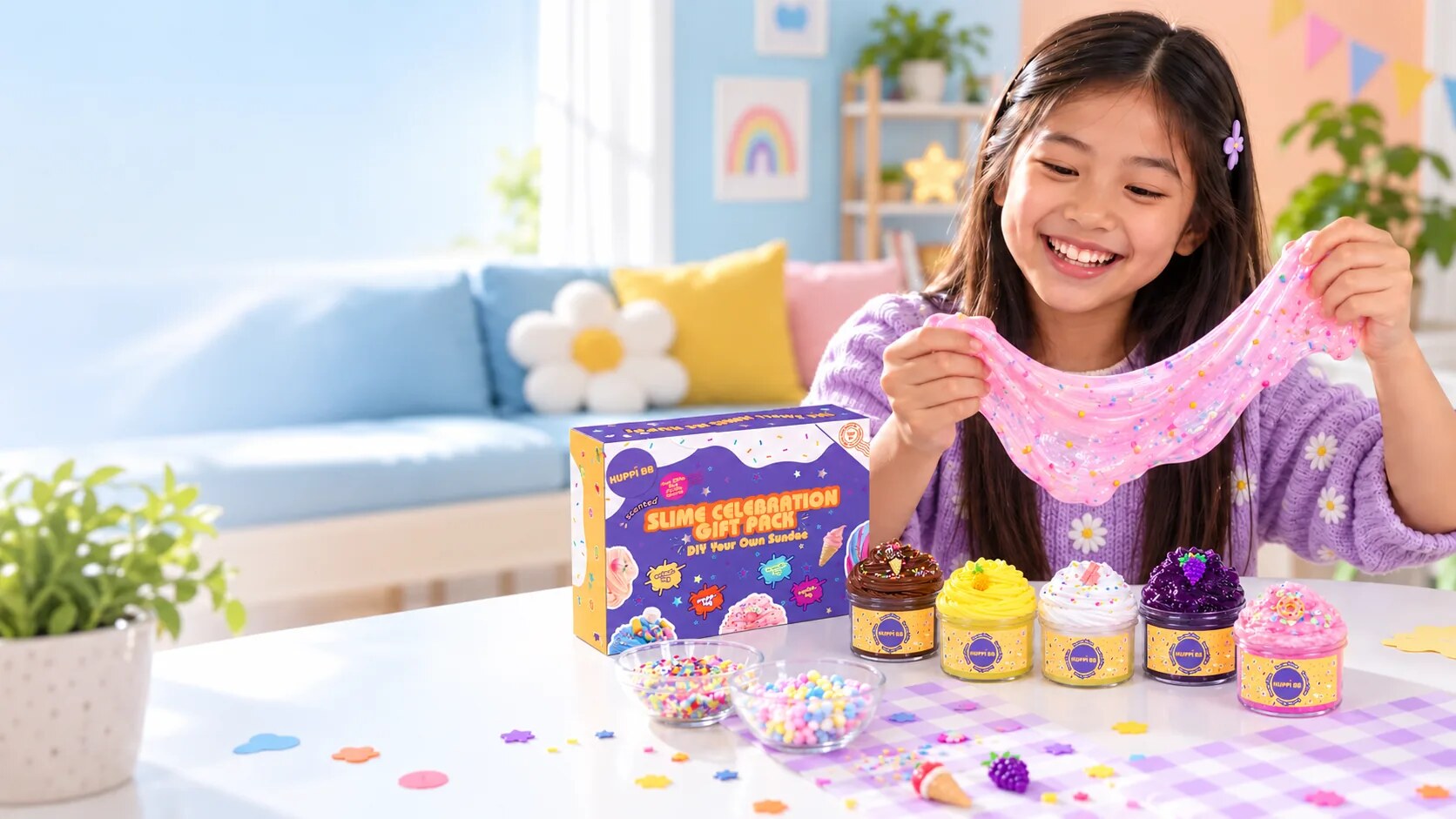 A smiling child stretching pink slime beside an accurately scaled HUPPI BB Slime Celebration Gift Pack and jars